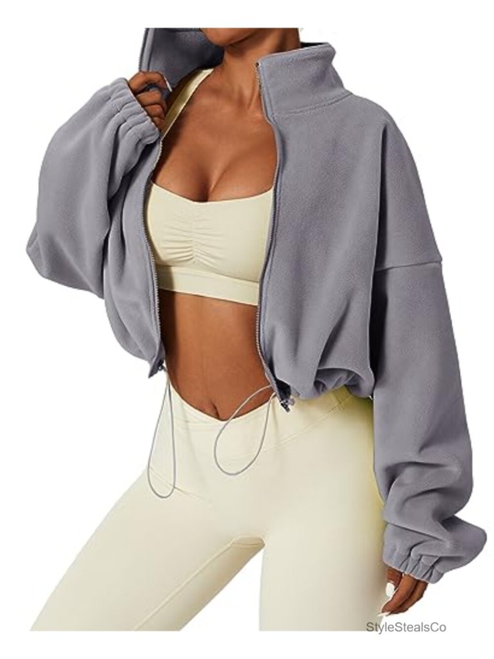 Women's Polar Fleece Crop Jacket Full Zip Oversized Lightweight Stand Collar